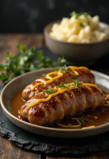 Falukorv stuffed with mustard and onion, served with fresh coriander
