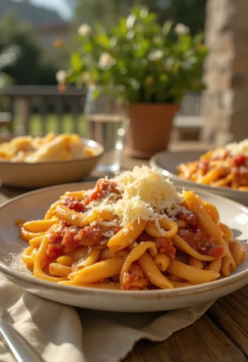 Aubergine pasta served with juicy tomato sauce and fresh basil