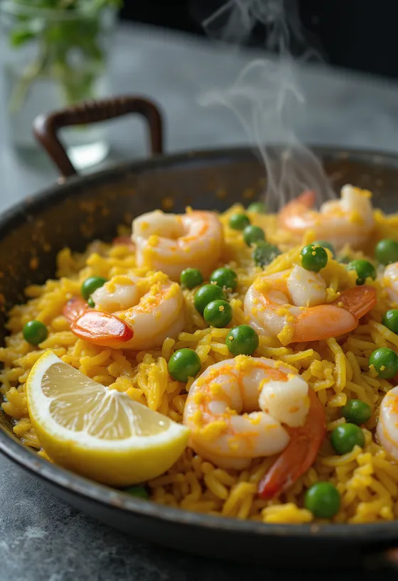 Spanish paella with fresh seafood, vegetables, and saffron