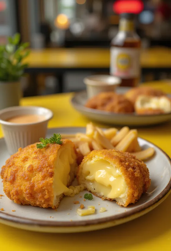 Breaded cheese fried golden brown, with crispy coating and served with fresh lemon slices