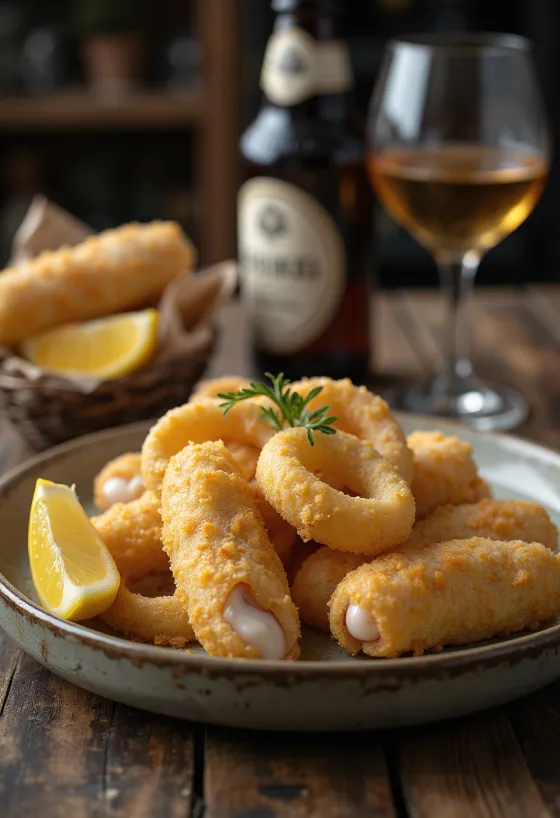 Pork-stuffed fried squid in crispy breadcrumbs with lemon and parsley