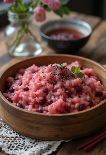 Sekihan with sasage beans, rich rice dish, garnished with fresh sesame seeds