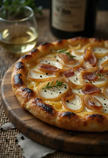 Tarte flambée with crème fraîche, onion and bacon