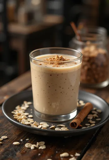 Oatmeal smoothie in a tall glass garnished with oats and cinnamon
