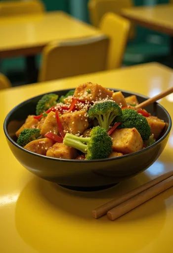 Tofu and vegetable stir-fry with fresh coriander served