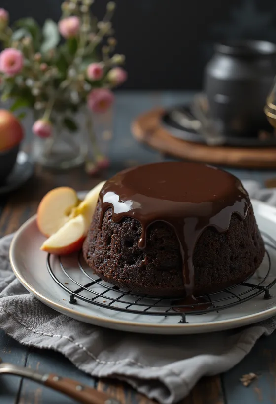 Apple and chocolate cake in elegant serving