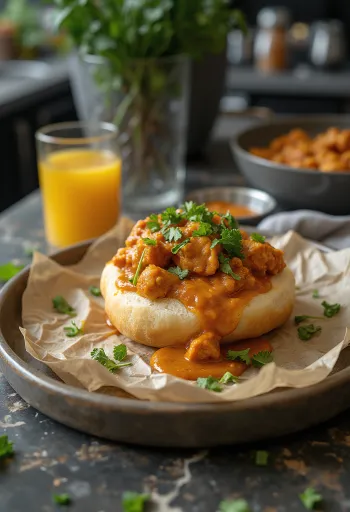 Bunny chow with chicken curry, served with toasted bread
