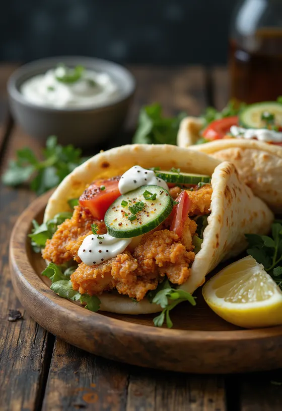 Chicken gyros served with fresh vegetables, tzatziki sauce and pitta bread.