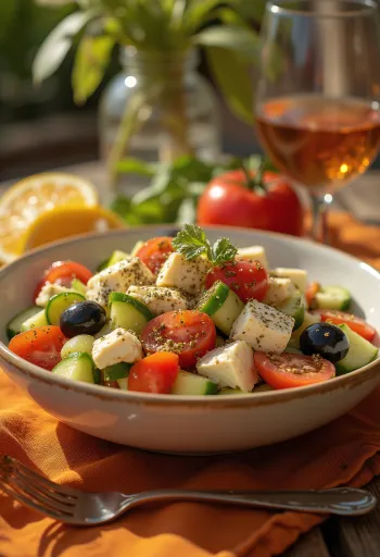 Greek salad with toasted tofu cubes