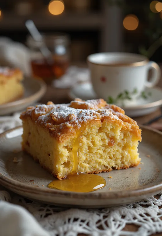 Ginger cake with a golden brown, crumbly texture, dusted with icing sugar