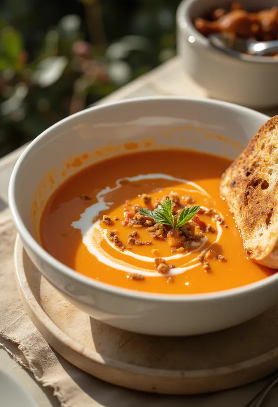 Creamy red pepper soup served
