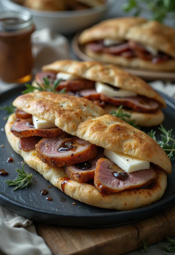 Piadina with pan-seared duck breast and camembert served