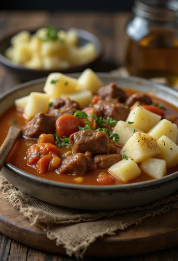Hungarian beef stew served with potatoes