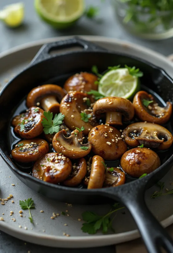 Tamari mushrooms, a spicy dish made with tamari soy sauce and fresh mushrooms, garnished with coriander and lime leaf
