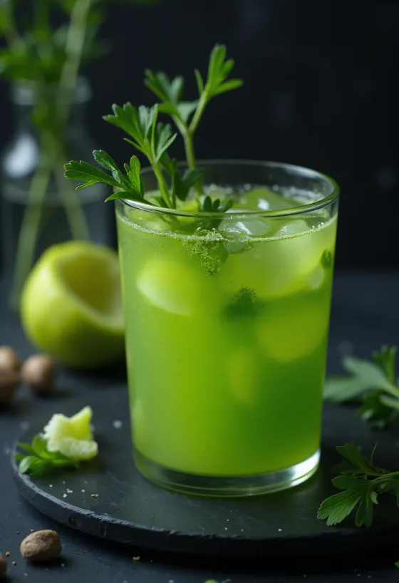 Celery juice in a tall glass garnished with fresh celery stalks and fruit