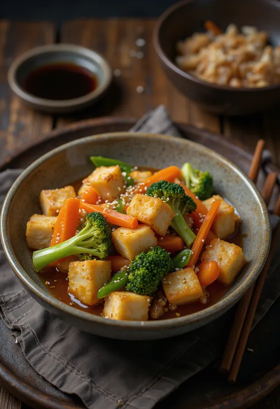Vegetable stir-fry with tofu served