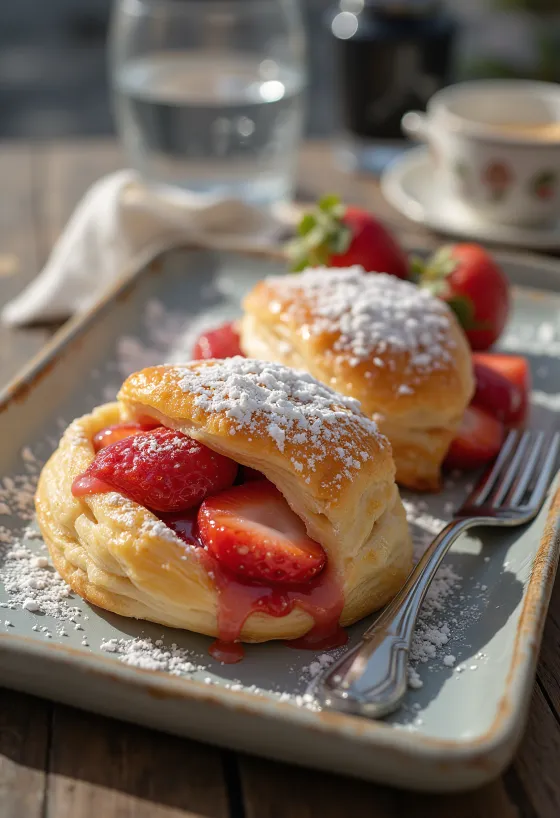 Freshly baked, crispy strawberry strudel dusted with icing sugar.