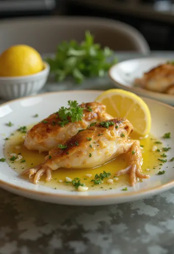 Frog legs in garlic butter served with fresh parsley and lemon.