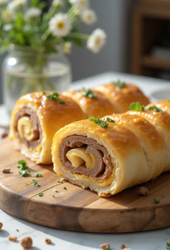 Golden baked meat roll served with fresh vegetables and sauce