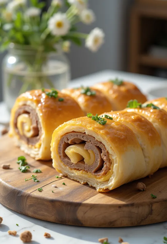 Golden baked meat roll served with fresh vegetables and sauce