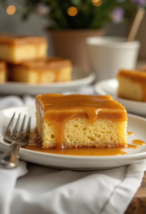 Caramel sponge traybake served