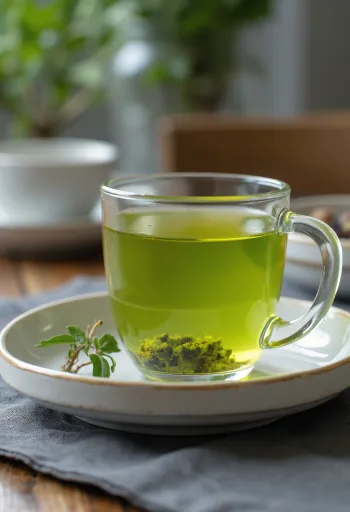 Fresh mint green tea in a mug with lemon and honey
