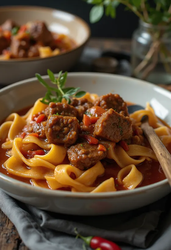 Pörkölt served with noodles
