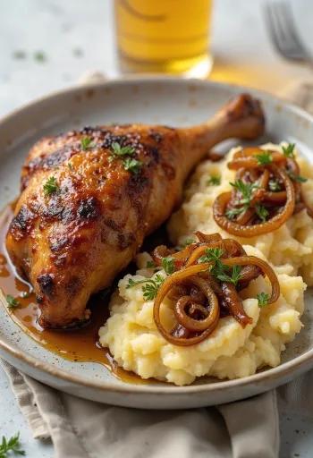 Roast duck served with onion mashed potatoes