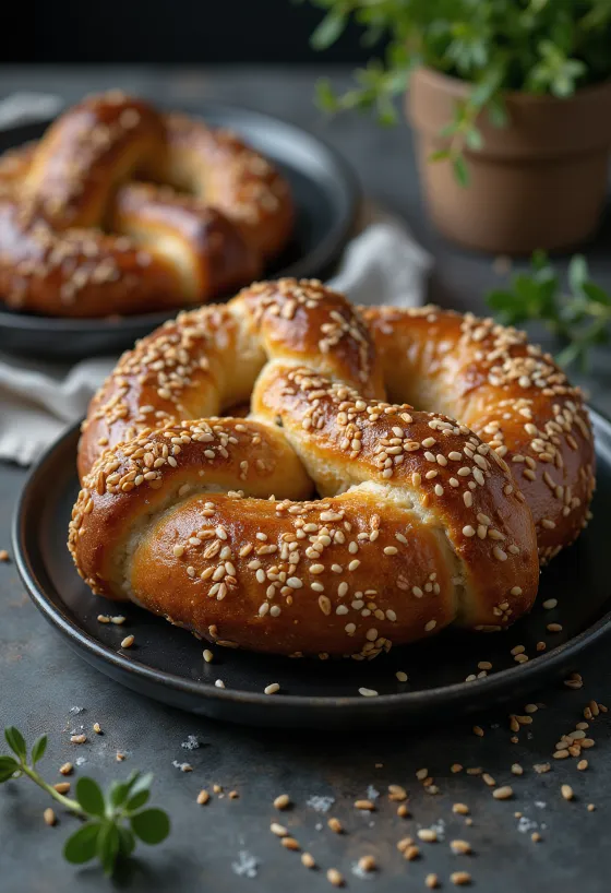 Sesame seed pretzels freshly baked