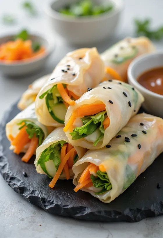 Rice paper summer rolls, with fresh vegetables and dipping sauce