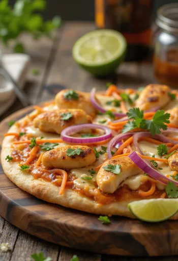 Thai chicken pizza with peanut sauce and coriander