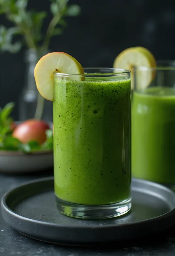 Green smoothie in a tall glass, garnished with fresh vegetables and fruits
