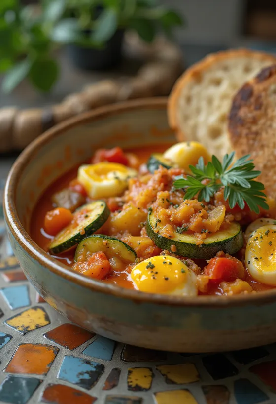 Vegetable stew with juicy paprika sauce sprinkled with fresh herbs