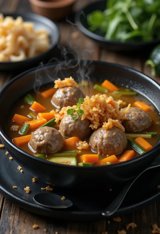 Bakso with vegetables, served with spicy meatballs and fresh vegetables