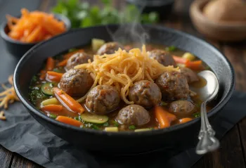 Bakso with vegetables, served with spicy meatballs and fresh vegetables