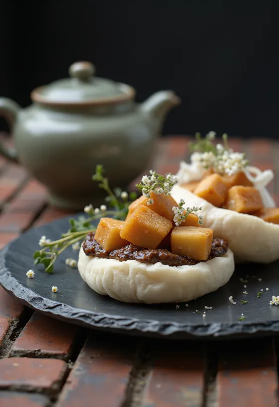Bao buns from fried tofu, steamed, simple serving