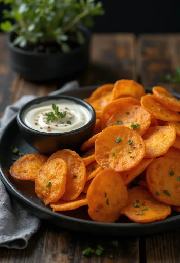 Sweet potato crisps served with spicy dip