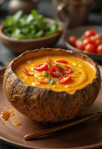 Spicy chilli coconut sauce in a bowl, with fresh coriander and chilli slices.