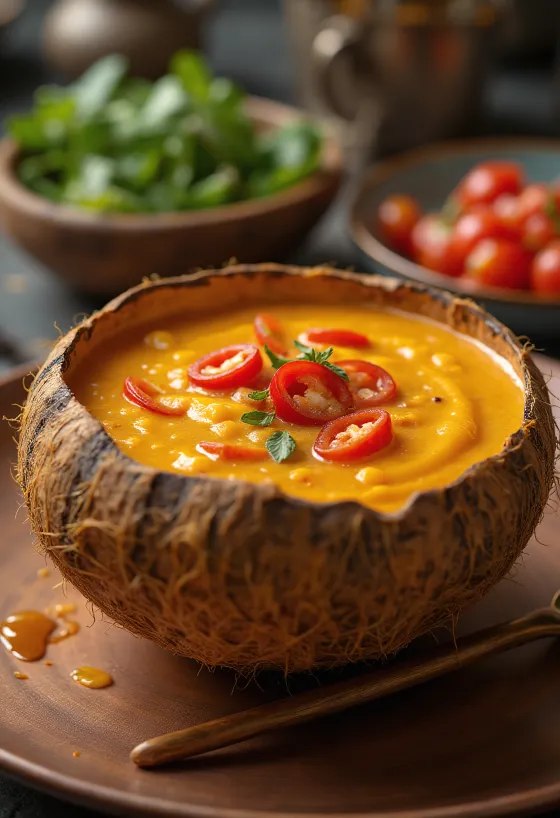 Spicy chilli coconut sauce in a bowl, with fresh coriander and chilli slices.