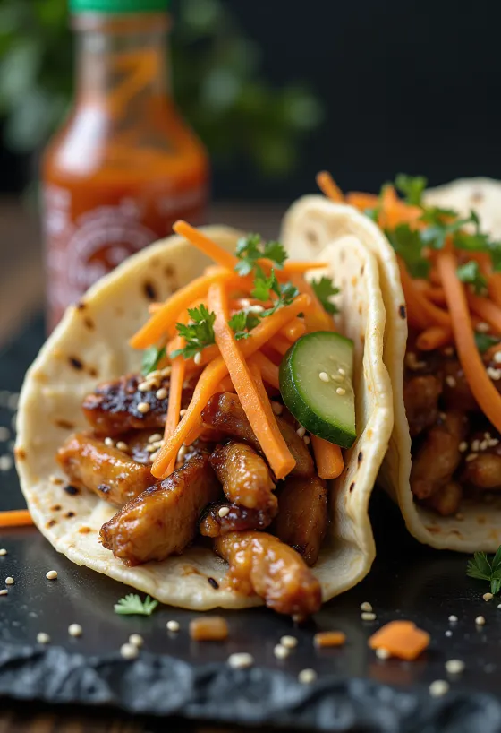 Fusion taco with teriyaki chicken, pickled vegetables and spicy mayonnaise