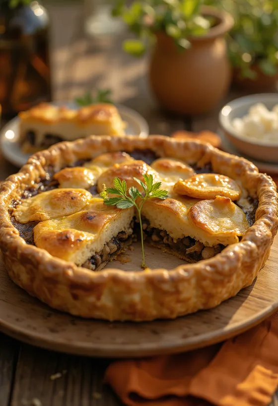 Creamy vegan mushroom pie sliced