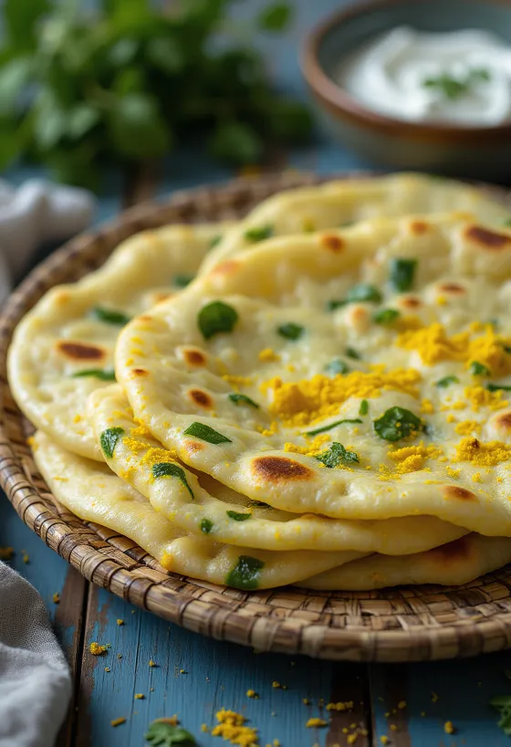 Lauki thepla, served with fresh coriander