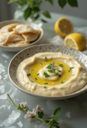 Tahini lemon sauce served with pita and grilled vegetables