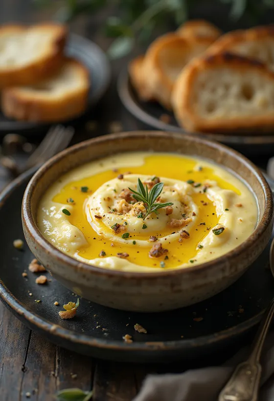 Aubergine dip with a smooth and creamy texture, served with fresh herbs and olive oil