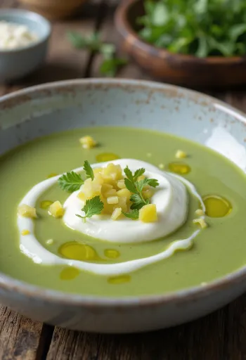 Leek cream soup served with yoghurt, garnished with leek rings and fresh parsley