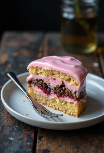 Colourful punch slice layered with pink glaze and soft sponge