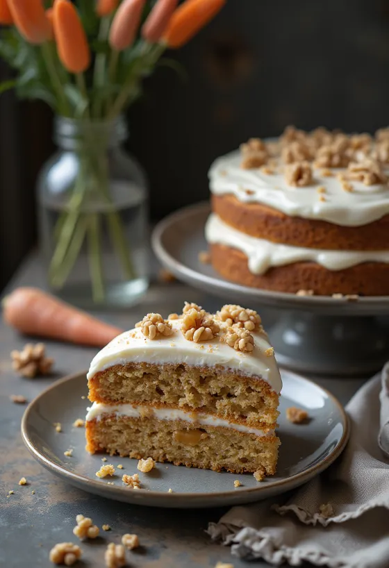 Carrot cake with cream cheese frosting, decorated with walnuts and grated carrot