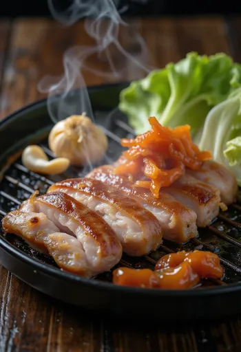 Samgyeopsal served with lettuce leaves and kimchi