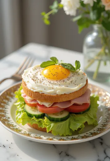 Classic Smörgåstårta decorated with eggs, ham and vegetables