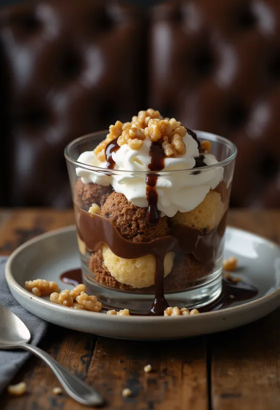 Somlói galuska layered with soft sponge cake, vanilla cream, and chocolate sauce